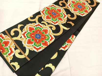 平和屋着物◎六通柄袋帯 唐織 花唐草文 黒地 金糸 正絹 逸品 BAAT3417ui