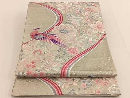 平和屋着物◎六通柄袋帯 唐織 花鳥文 銀糸 正絹 逸品 BAAT3430ui