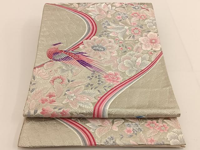 平和屋着物◎六通柄袋帯 唐織 花鳥文 銀糸 正絹 逸品 BAAT3430ui