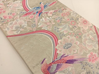 平和屋着物◎六通柄袋帯 唐織 花鳥文 銀糸 正絹 逸品 BAAT3430ui