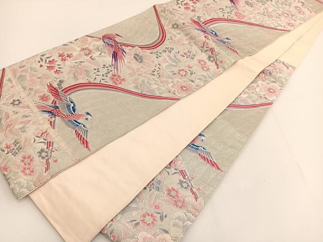 平和屋着物◎六通柄袋帯 唐織 花鳥文 銀糸 正絹 逸品 BAAT3430ui