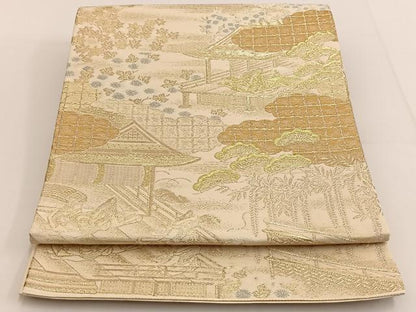 平和屋着物◎六通柄袋帯 風景文 金糸 正絹 逸品 BAAT3431ui