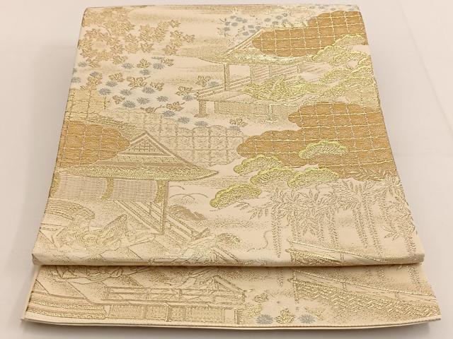 平和屋着物◎六通柄袋帯 風景文 金糸 正絹 逸品 BAAT3431ui
