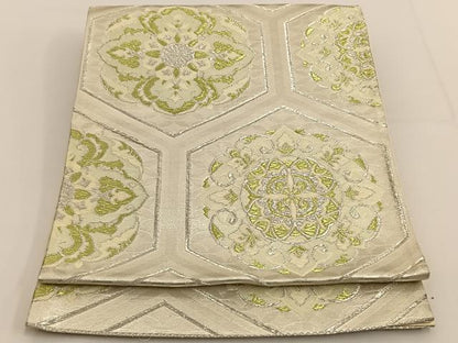 平和屋着物◎六通柄袋帯 唐織 亀甲花文 銀糸 正絹 逸品 BAAT3435ui