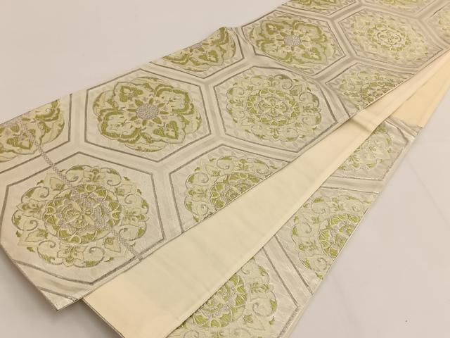 平和屋着物◎六通柄袋帯 唐織 亀甲花文 銀糸 正絹 逸品 BAAT3435ui