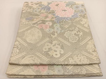 平和屋着物◎六通柄袋帯　唐織　鴛鴦花文　プラチナ箔　正絹　逸品　BAAT3436ui
