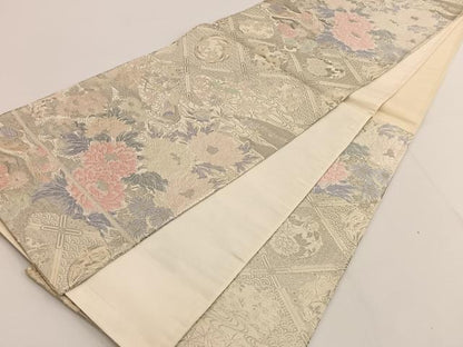 平和屋着物◎六通柄袋帯　唐織　鴛鴦花文　プラチナ箔　正絹　逸品　BAAT3436ui