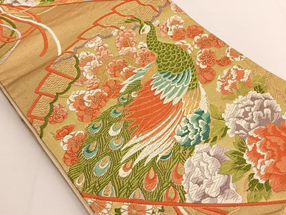 平和屋着物◎六通柄袋帯　唐織　檜扇に孔雀　金糸　正絹　逸品　BAAT3444ui