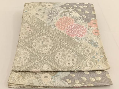 平和屋着物◎六通柄袋帯 唐織 孔雀花文 銀糸 正絹 逸品 BAAT3446ui