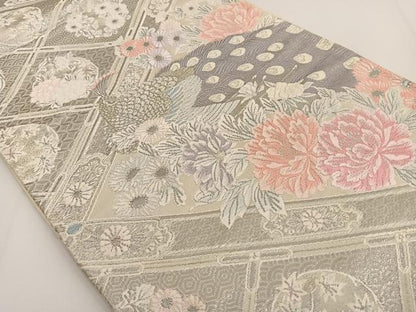 平和屋着物◎六通柄袋帯 唐織 孔雀花文 銀糸 正絹 逸品 BAAT3446ui