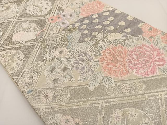 平和屋着物◎六通柄袋帯 唐織 孔雀花文 銀糸 正絹 逸品 BAAT3446ui