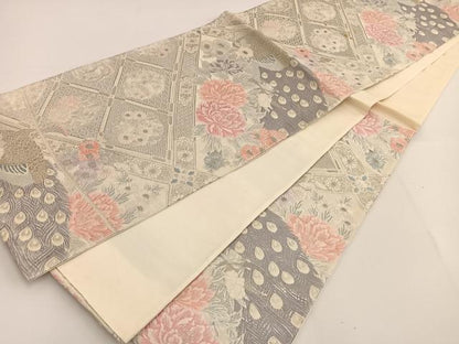 平和屋着物◎六通柄袋帯 唐織 孔雀花文 銀糸 正絹 逸品 BAAT3446ui