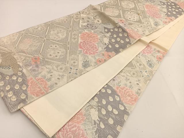 平和屋着物◎六通柄袋帯 唐織 孔雀花文 銀糸 正絹 逸品 BAAT3446ui