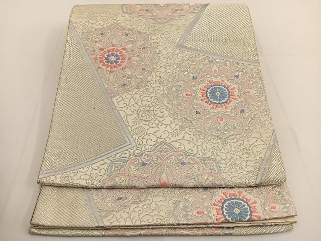 平和屋着物◎六通柄袋帯 唐織 正倉院花文 銀糸 正絹 逸品 BAAT3467ui