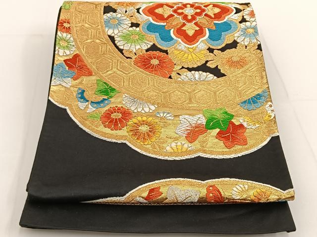 平和屋着物◎六通柄袋帯 唐織 正倉院花文 黒地 金糸 正絹 逸品 BAAT3468ui