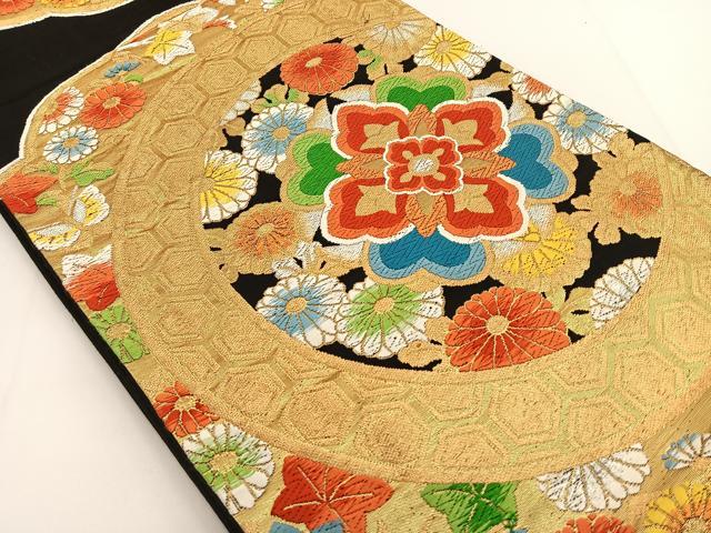 平和屋着物◎六通柄袋帯 唐織 正倉院花文 黒地 金糸 正絹 逸品 BAAT3468ui