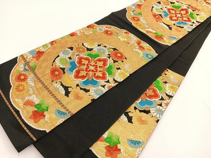 平和屋着物◎六通柄袋帯 唐織 正倉院花文 黒地 金糸 正絹 逸品 BAAT3468ui