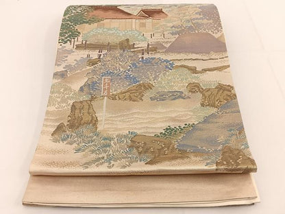 平和屋着物◎六通柄袋帯　唐織　名勝百景　洛東銀閣寺　金糸　正絹　逸品　BAAT3470ui