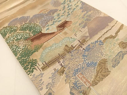 平和屋着物◎六通柄袋帯　唐織　名勝百景　洛東銀閣寺　金糸　正絹　逸品　BAAT3470ui