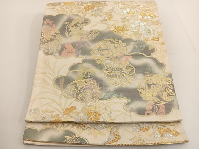 平和屋着物◎六通柄袋帯 雲取り草花文 金糸 引箔 正絹 逸品 BAAT3473ui