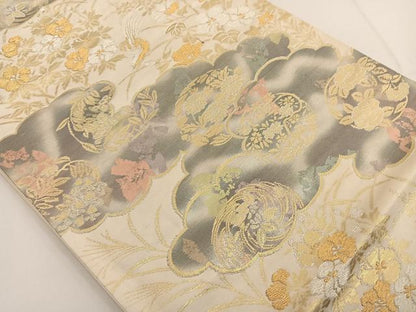 平和屋着物◎六通柄袋帯 雲取り草花文 金糸 引箔 正絹 逸品 BAAT3473ui