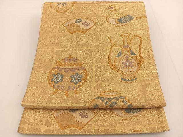 平和屋着物◎六通柄袋帯 唐織 陶器花鳥文 金糸 正絹 逸品 BAAT3477ui