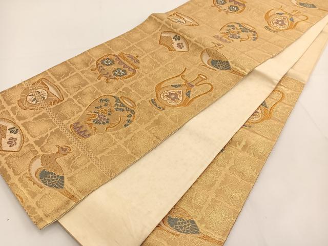 平和屋着物◎六通柄袋帯 唐織 陶器花鳥文 金糸 正絹 逸品 BAAT3477ui
