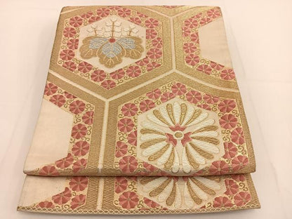 平和屋着物◎六通柄袋帯　唐織　亀甲花文　金銀糸　正絹　逸品　BAAT3490ui