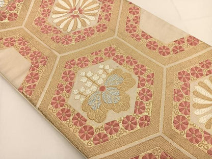 平和屋着物◎六通柄袋帯　唐織　亀甲花文　金銀糸　正絹　逸品　BAAT3490ui