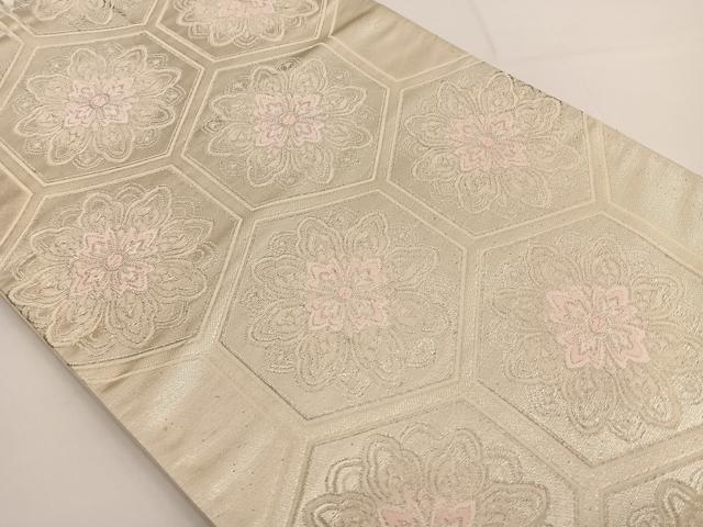 平和屋着物◎六通柄袋帯 唐織 亀甲花文 銀糸 正絹 逸品 BAAT3493ui
