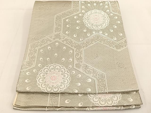 平和屋着物◎六通柄袋帯 唐織 毘沙門亀甲花文 銀糸 正絹 逸品 BAAT3512ui