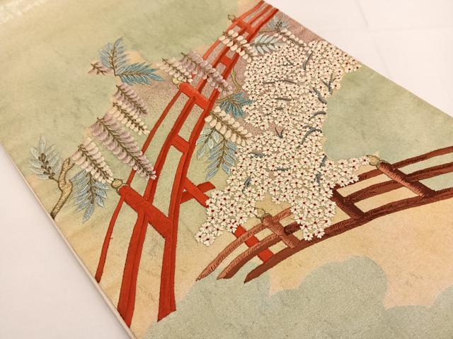 平和屋着物◎太鼓柄袋帯 総刺繍 藤花房風景 金糸 引箔 正絹 逸品 BAAT3519ui