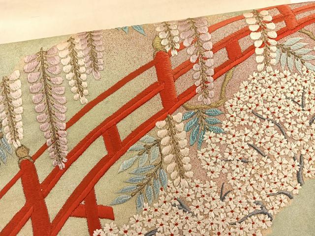 平和屋着物◎太鼓柄袋帯 総刺繍 藤花房風景 金糸 引箔 正絹 逸品 BAAT3519ui