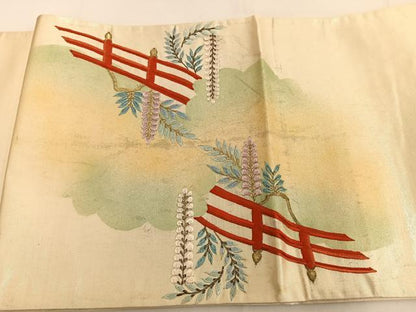 平和屋着物◎太鼓柄袋帯 総刺繍 藤花房風景 金糸 引箔 正絹 逸品 BAAT3519ui