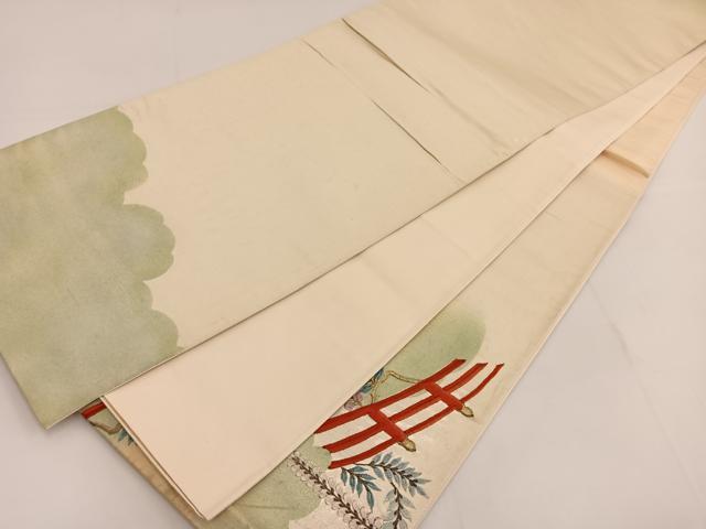 平和屋着物◎太鼓柄袋帯 総刺繍 藤花房風景 金糸 引箔 正絹 逸品 BAAT3519ui
