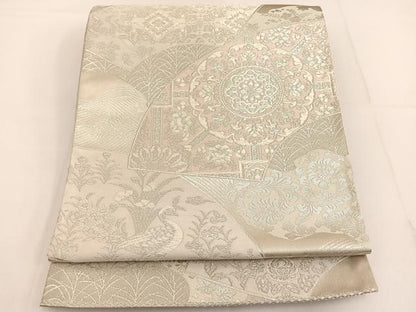 平和屋着物◎六通柄袋帯 唐織 地紙花文 銀糸 正絹 逸品 BAAT3523ui