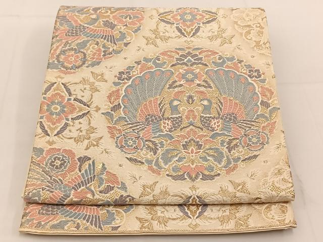 平和屋着物◎六通柄袋帯 唐織 向かい孔雀花文 金糸 正絹 逸品 BAAT3601ui