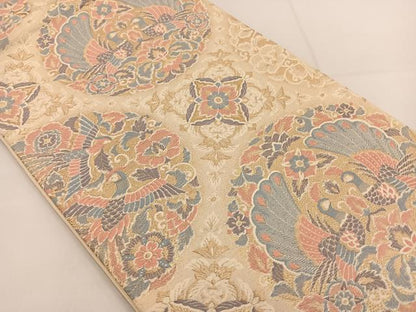 平和屋着物◎六通柄袋帯 唐織 向かい孔雀花文 金糸 正絹 逸品 BAAT3601ui