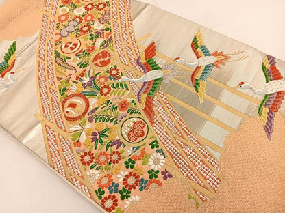 平和屋着物◎六通柄袋帯 唐織 瑞鶴宝来文 金銀糸 正絹 逸品 BAAT3610ui