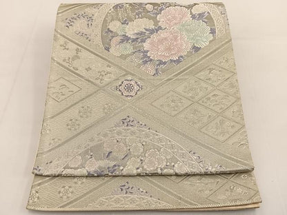 平和屋着物◎六通柄袋帯 唐織 草花丸文 銀糸 正絹 逸品 BAAT3616ui