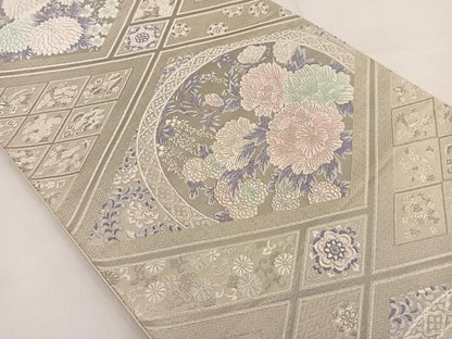 平和屋着物◎六通柄袋帯 唐織 草花丸文 銀糸 正絹 逸品 BAAT3616ui