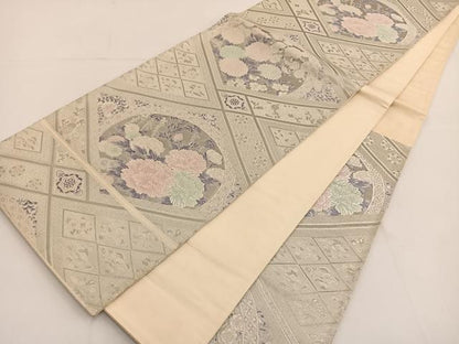 平和屋着物◎六通柄袋帯 唐織 草花丸文 銀糸 正絹 逸品 BAAT3616ui