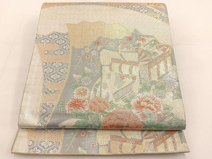 平和屋着物◎宝珠本佐賀錦 六通柄袋帯 九百錦 扇面花鳥文 金銀糸 正絹 逸品 BAAT3618ui