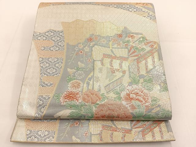 平和屋着物◎宝珠本佐賀錦 六通柄袋帯 九百錦 扇面花鳥文 金銀糸 正絹 逸品 BAAT3618ui