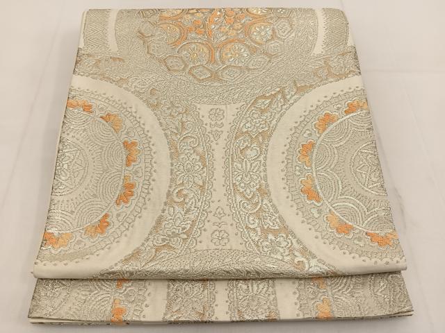 平和屋着物◎六通柄袋帯 唐織 花丸文 銀糸 正絹 逸品 BAAT3622ui