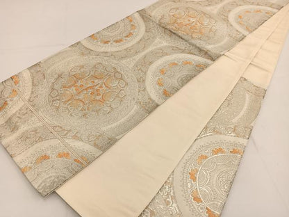 平和屋着物◎六通柄袋帯 唐織 花丸文 銀糸 正絹 逸品 BAAT3622ui