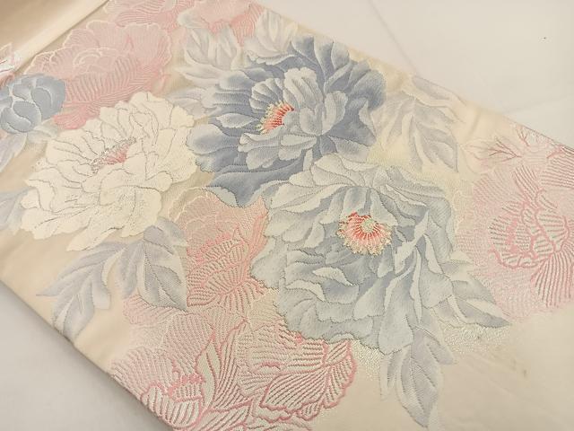 平和屋着物◎六通柄袋帯　唐織　牡丹　銀糸　正絹　逸品　BAAT3638ui