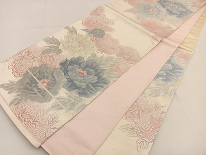 平和屋着物◎六通柄袋帯　唐織　牡丹　銀糸　正絹　逸品　BAAT3638ui