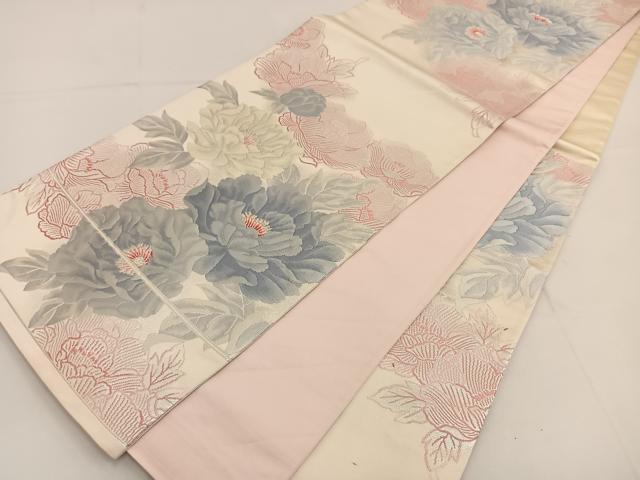 平和屋着物◎六通柄袋帯　唐織　牡丹　銀糸　正絹　逸品　BAAT3638ui