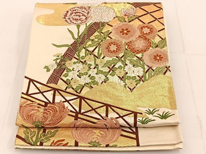 平和屋着物◎六通柄袋帯 唐織 間垣草花文 金糸 正絹 逸品 BAAT3641ui